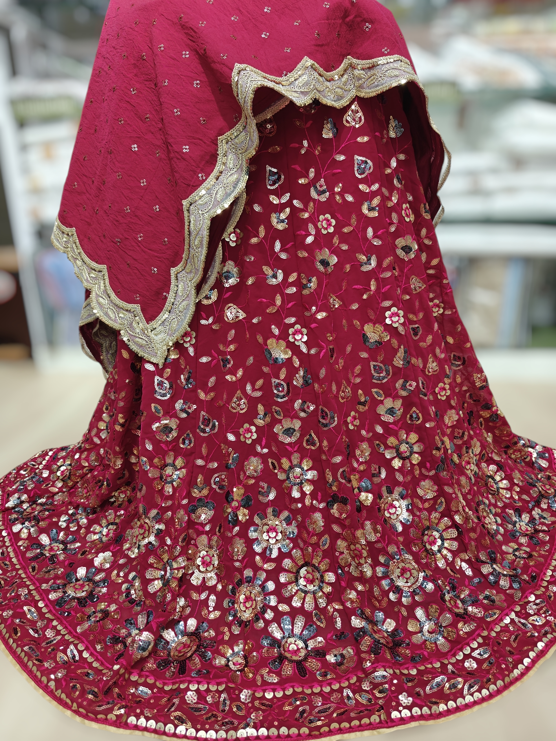  Cherry Red Colour Kali Style Jori with Milan Satin Fabric Lining and Blouse pc Dupatta Embroidered Chanderi Silk fabric with Embroidered lace 